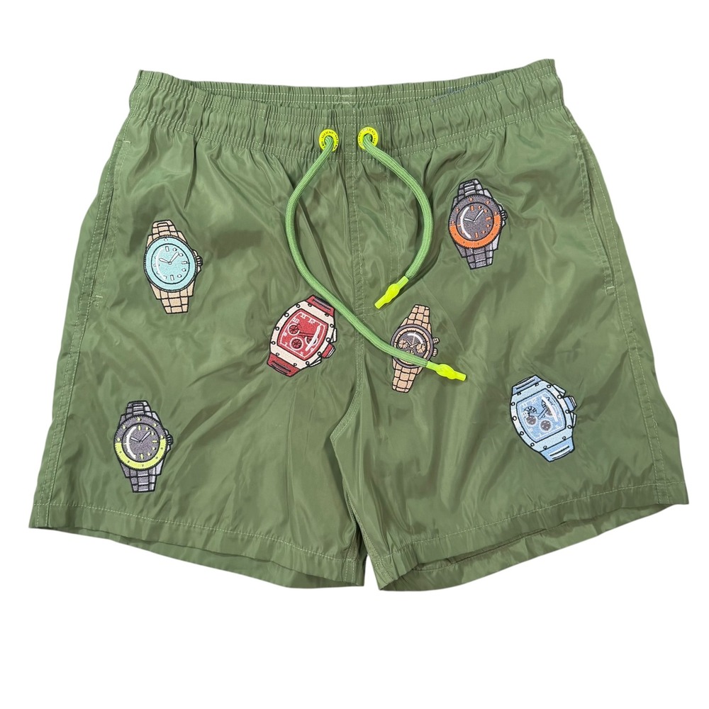 Bain De Mer Mens Watch Embroidered Green Swim Trunk Shorts Size M